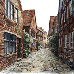 Fototapeta premium Watercolor painting of a narrow cobblestone street lined with old brick buildings, on isolated white background