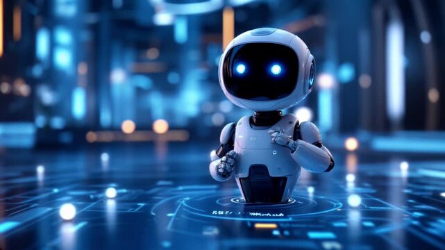 Futuristic robot with glowing blue eyes explores a sleek, neon-lit cityscape.