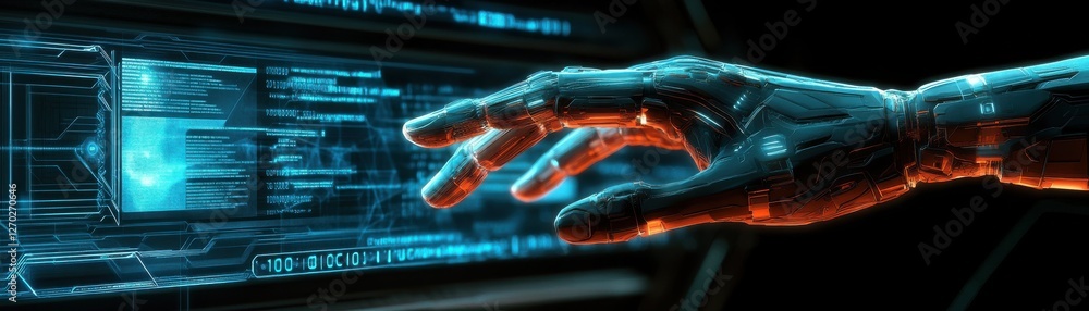 Poster a futuristic robotic hand reaches towards a glowing digital interface, symbolizing advanced technolo