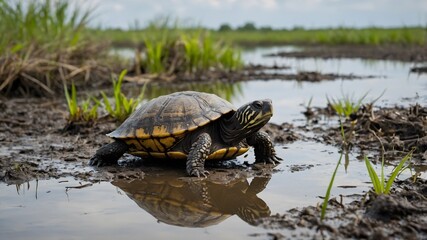 Fototapeta premium Mysteries of the Marsh: A Turtle's Journey of Discovery