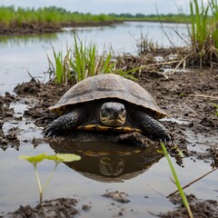 Fototapeta premium Swamp Discoveries: A Turtle's Adventure Among Nature's Secrets
