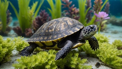 Obraz premium Beneath the Waves: A Musk Turtle Exploring Lively Aquatic Flora