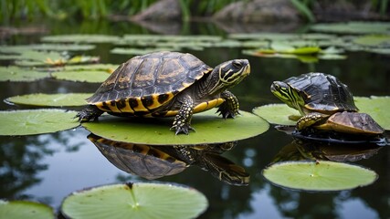 Nature's Balance: A Musk Turtle and Frog Sharing a Quiet Moment