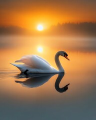 Fototapeta premium A graceful swan gliding across a tranquil lake during a serene sunrise.