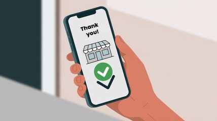 Hand holds smartphone displaying thank you message with shop icon