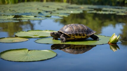 Fototapeta premium Natural Companionship: A Musk Turtle and Frog in Quiet Unity