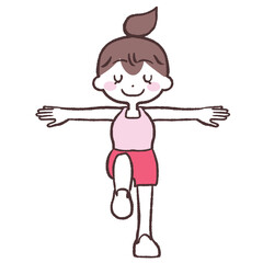 目を閉じ両手を広げ片足上げする女性全身イラスト