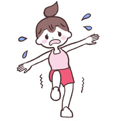 目を開け両手を開きよろよろと片足上げする女性全身イラスト