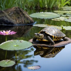 Fototapeta premium Gentle Meeting: The Musk Turtle and Frog in a Peaceful Setting