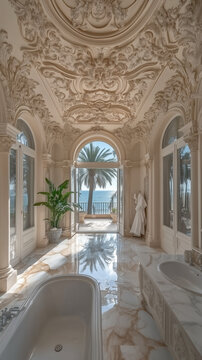 grand bathroom of light luxury old money villa in Cannes, tall celing