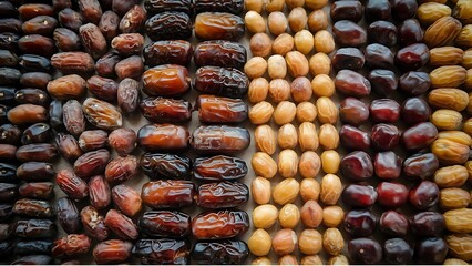 A Neatly Arranged Selection of Assorted Date Fruits in Different Varieties