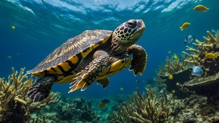 Obraz premium Smooth Swim: A Musk Turtle Navigating a Lively Aquatic Landscape