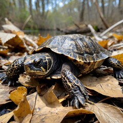 Fototapeta premium Nature's Camouflage: The Flattened Musk Turtle Blending In