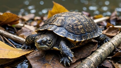 Obraz premium Hidden in Plain Sight: A Flattened Musk Turtle Among Forest Debris