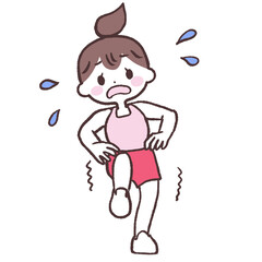 目を開け腰に手をあてよろよろと片足上げする女性全身イラスト