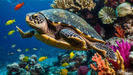 Fototapeta premium Underwater Frolics: A Musk Turtle's Journey Through a Lively Coral Reef
