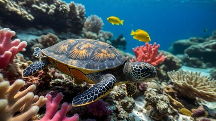 Fototapeta premium Coral Playtime: A Musk Turtle's Joyous Exploration of Colorful Reefs