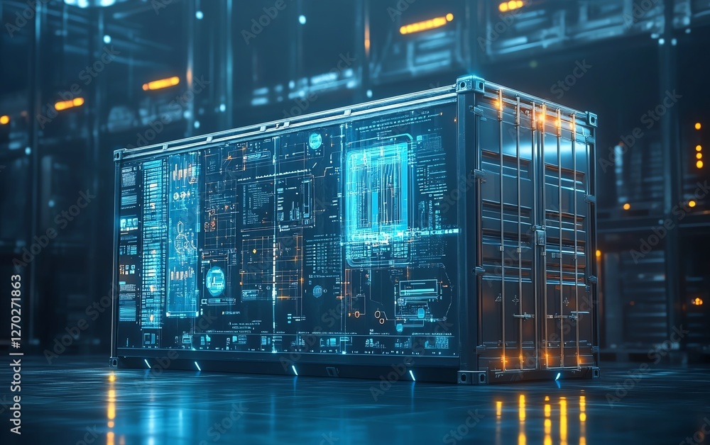 Poster futuristic warehouse container with technologydriven analysis of industry processes, set against a d
