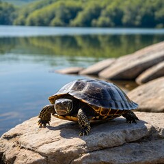 Obraz premium Lakeside Bliss: A Musk Turtle Enjoys the Sun