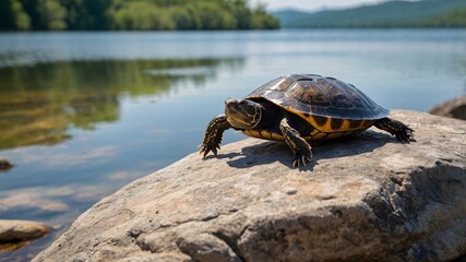 Fototapeta premium Tranquil Rays: A Musk Turtle's Idyllic Day at the Water's Edge