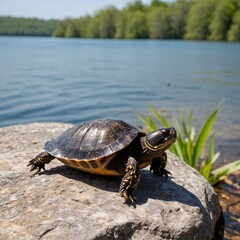 Obraz premium Sunlit Retreat: A Musk Turtle's Relaxing Day by the Lake