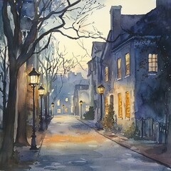 Fototapeta premium Watercolor painting of a peaceful street at dusk with soft streetlights and warm windows, on isolated white background