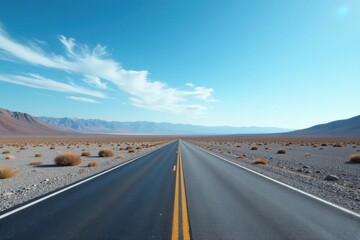 Fototapeta premium Asphalt ribbon unwinding towards a distant mountain range under a brilliant blue sky, sparse desert vegetation lining the roadside.