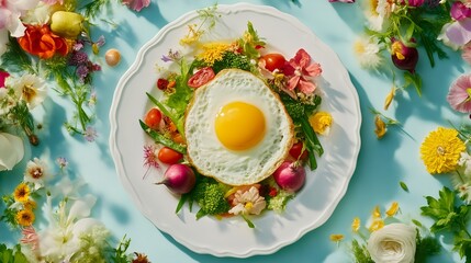 Sunny-side up egg with vibrant veggies and edible flowers on a white plate; a delightful culinary art.