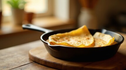 Golden-brown pancakes resting in a dark skillet on a rustic wooden surface, bathed in warm, natural light