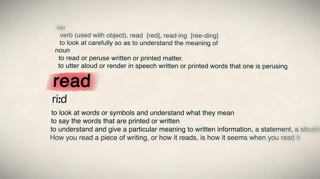 The word "Read" appearing in a dictionary animation, highlighting its definition. Represents literacy, learning, and knowledge acquisition