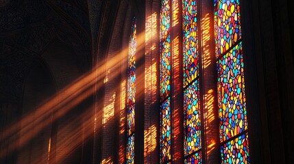 Sunlight streaming through vibrant stained glass windows in a serene, historic church interior