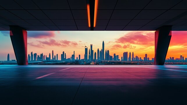 A futuristic car plaza with a skyline in dramatic silhouette. Featuring boldness and contrast