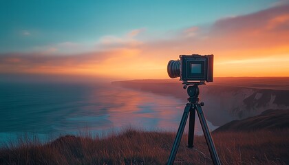 A largeformat view camera capturing a breathtaking coastal landscape, vivid colors, sharp details, fine art photography approach, natural lighting, 8K resolution