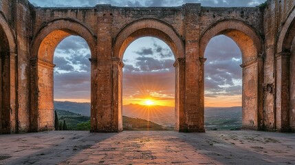 Sunset viewed through ancient stone arches overlooking a scenic landscape at dusk