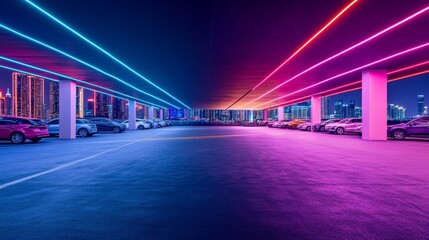 A futuristic car plaza with a skyline lit by vibrant neon lights. Featuring energy and innovation