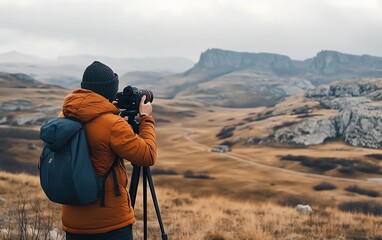 A photographer adjusting the tilt and shift of a view camera, capturing a detailed, panoramic landscape, precise focus, nostalgic and timeless photographic technique, 8K UHD