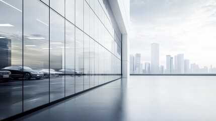 A futuristic car plaza with a skyline reflected in smooth glass windows. Featuring modernism and sophistication