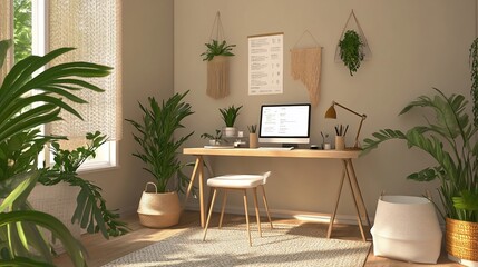 Interior view of a home office space with plants and a wooden desk and chair
