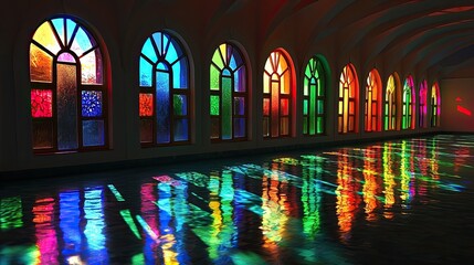Colorful stained glass windows reflecting vibrant hues on a polished floor in a serene interior