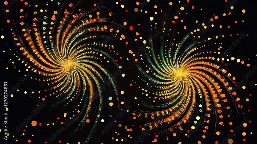 Poster abstract swirling lights with colorful dots on a dark background pattern