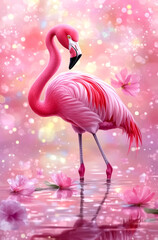 Fototapeta premium A pink flamingo is standing in a pond with pink flowers. The image has a soft, romantic mood with the pink color scheme and the serene setting of the pond