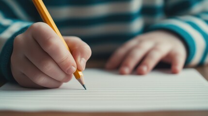 A child with a yellow pencil writes on lined paper, showcasing creativity and focus in a cozy, striped sweater.
