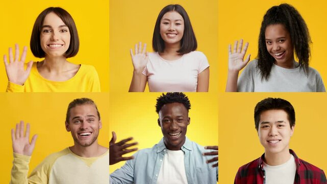 A lively collection of individuals from different backgrounds, happily waving and sharing joyful greetings. Their expressions convey positive emotions, all set against a vibrant yellow backdrop.