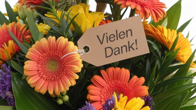 Colorful flower bouquet featuring an attached thank you tag