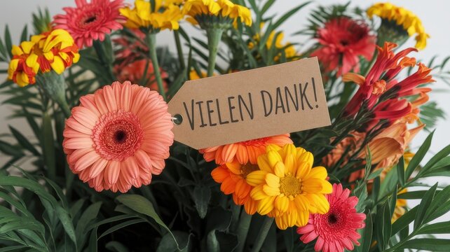 Colorful flowers in full bloom with a thank you tag