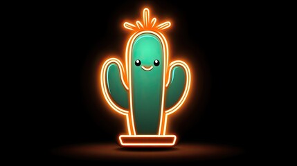 Cute neon cactus character with a smiling face glowing against a dark background, ideal for playful designs
