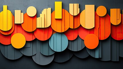 Abstract wall art featuring vibrant geometric shapes in orange, yellow, and blue tones