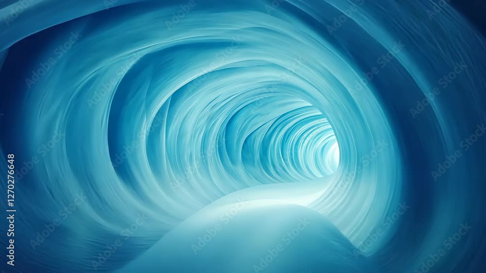 Poster mysterious 3d rendered cave with blue and turquoise wavy surfaces illuminated by soft light, evoking