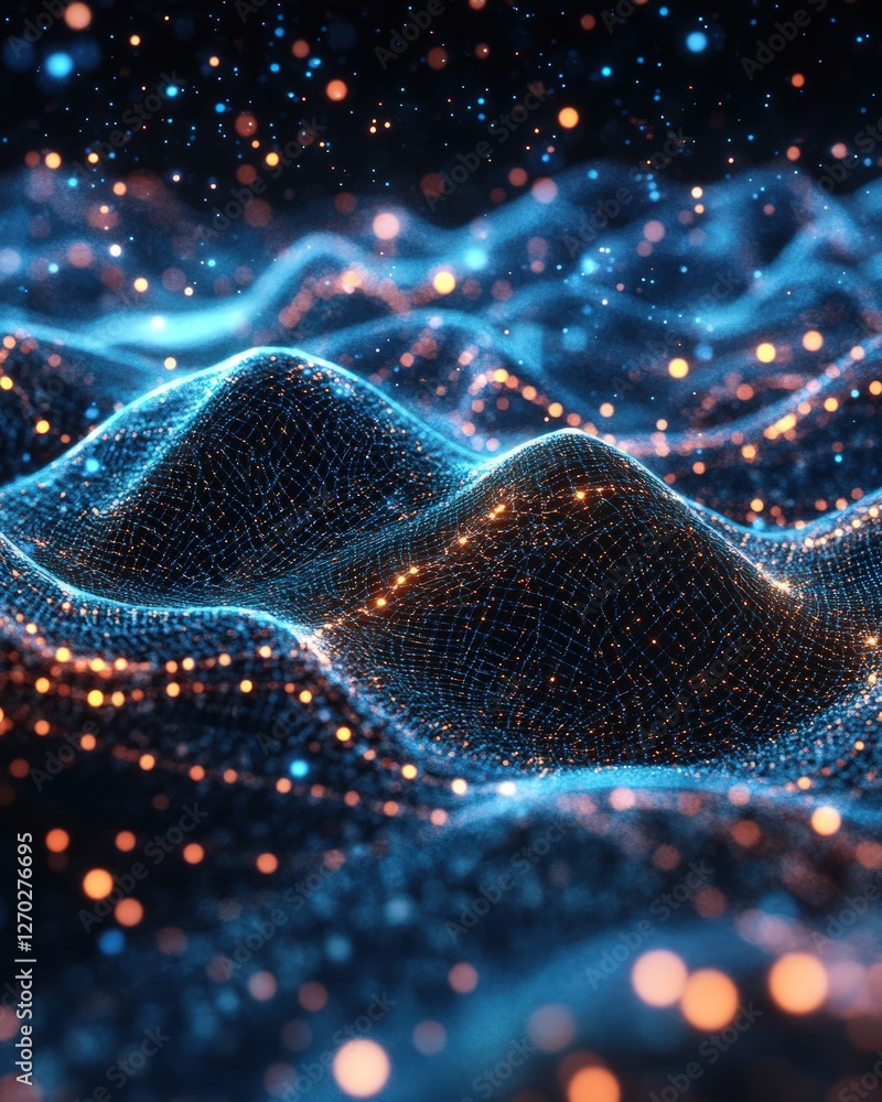 Poster abstract glowing waves interconnected with digital network and bokeh lights