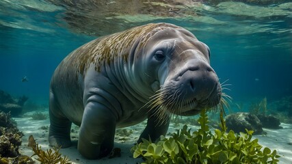 Fototapeta premium Aquatic Harvest: A West Indian Manatee's Grazing in a Seagrass Wonderland